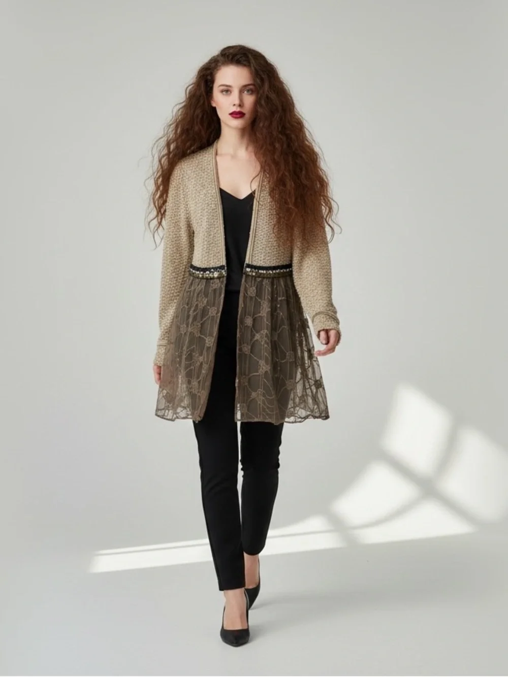 PS Fashion Vintage Boho Beaded Sheer Knit Cardigan Brown Size S Fairycore - Picture 1 of 6